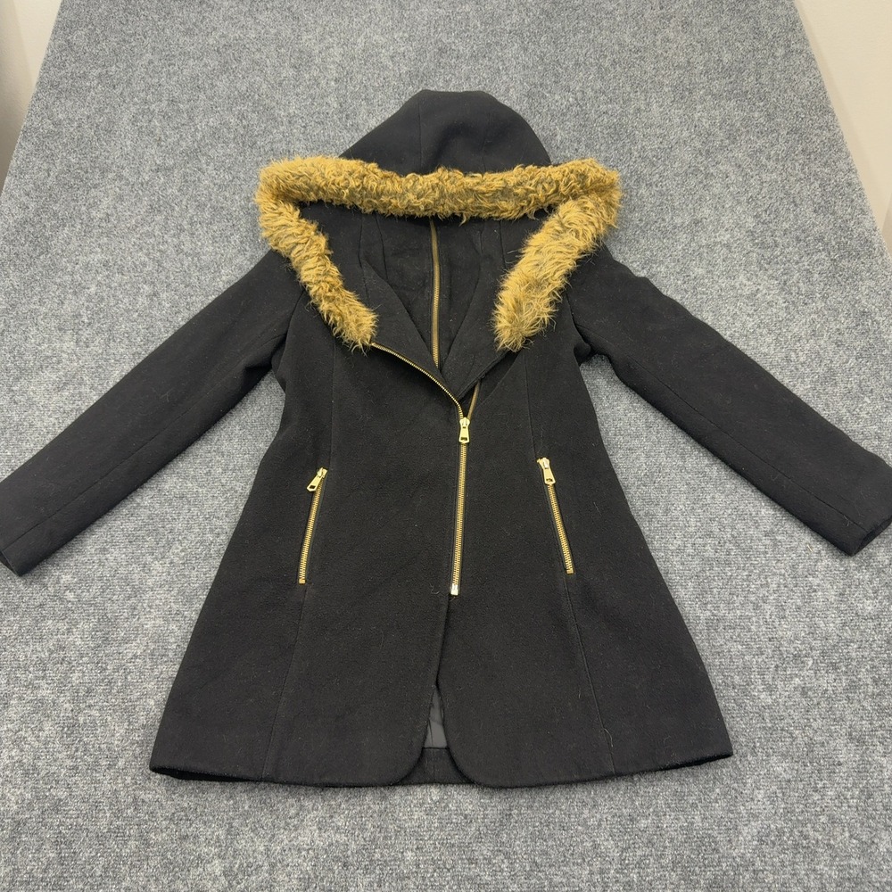 Rothschild Coat Girls 14 Black Wool Blend Faux Fur Hood Asymmetrical Zip Classic